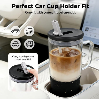 40oz Glass Tumbler with Flip Straw Lid, Handle, Silicone Sleeve, Black | Leakproof Lid, Fits Car Cup Holder Glass for Iced Coffee, Water, Cold Drinks, Travel, Outdoor, Partys&Home