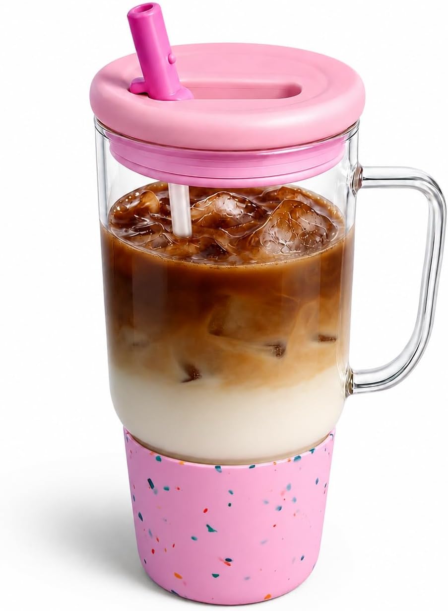 40oz Glass Tumbler with Flip Straw Lid, Handle, Silicone Sleeve, Black | Leakproof Lid, Fits Car Cup Holder Glass for Iced Coffee, Water, Cold Drinks, Travel, Outdoor, Partys&Home