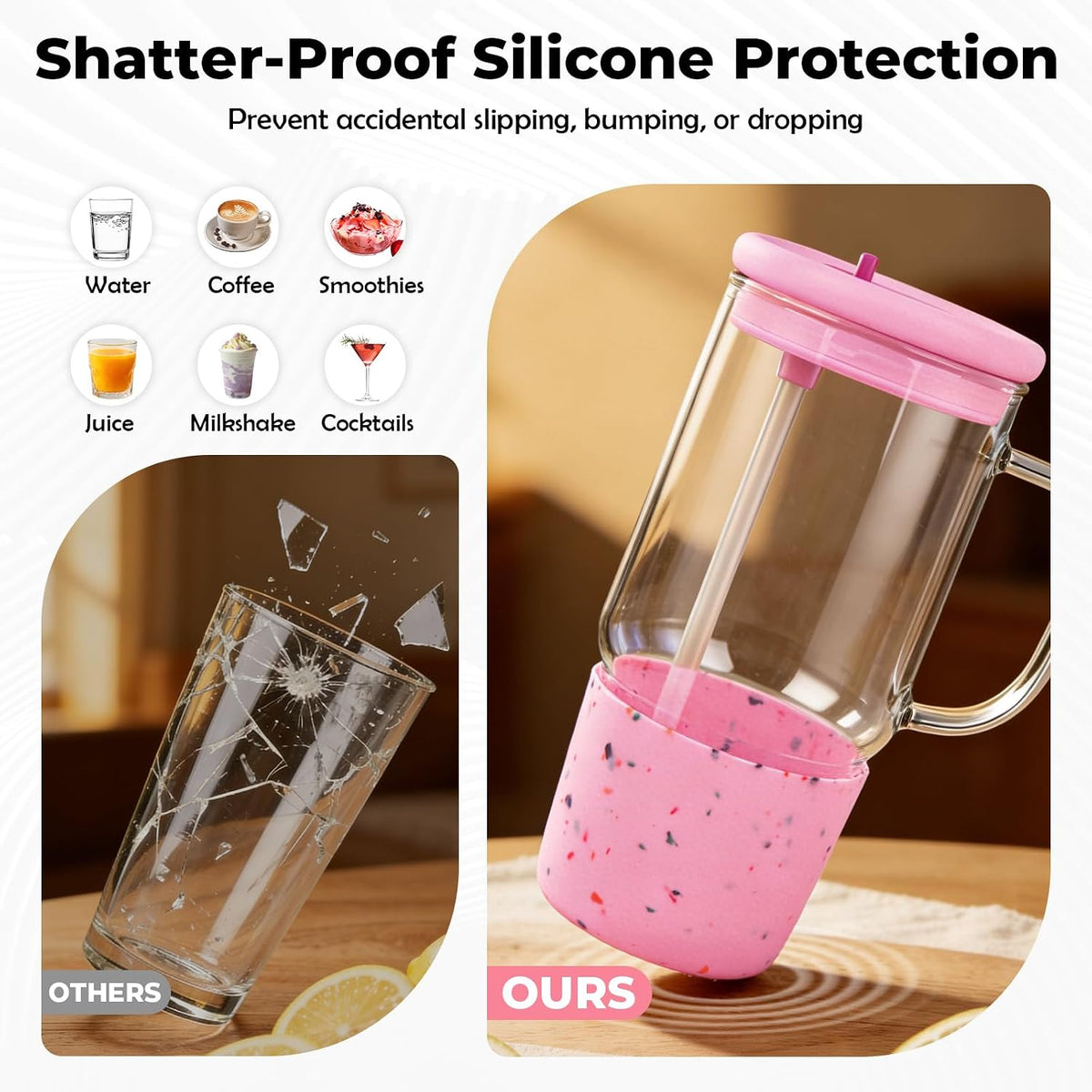 40oz Glass Tumbler with Flip Straw Lid, Handle, Silicone Sleeve, Black | Leakproof Lid, Fits Car Cup Holder Glass for Iced Coffee, Water, Cold Drinks, Travel, Outdoor, Partys&Home