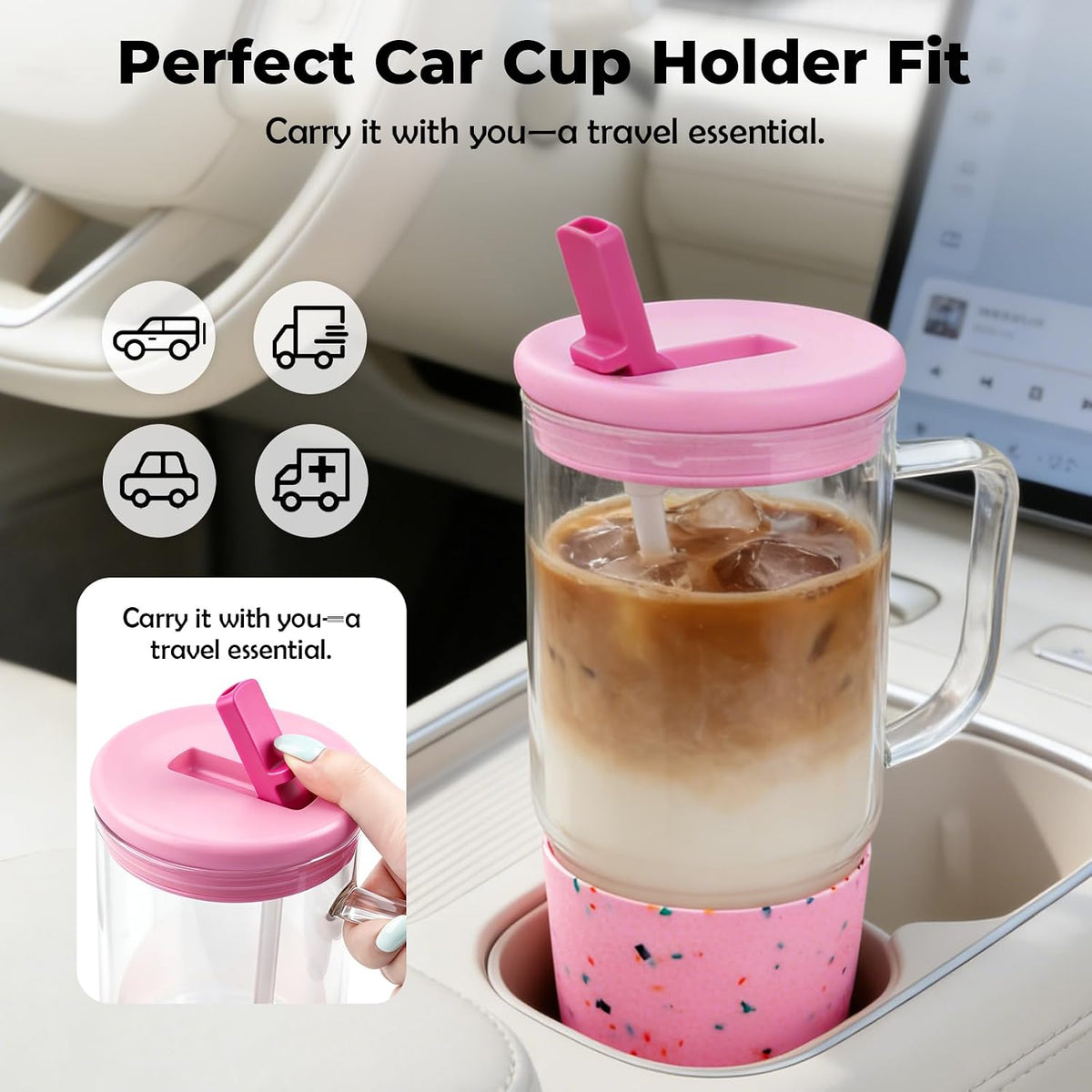 40oz Glass Tumbler with Flip Straw Lid, Handle, Silicone Sleeve, Black | Leakproof Lid, Fits Car Cup Holder Glass for Iced Coffee, Water, Cold Drinks, Travel, Outdoor, Partys&Home