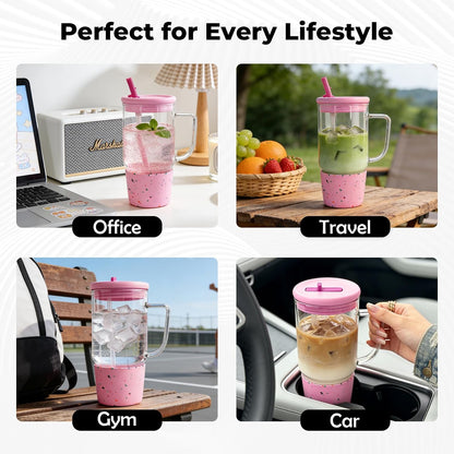 40oz Glass Tumbler with Flip Straw Lid, Handle, Silicone Sleeve, Black | Leakproof Lid, Fits Car Cup Holder Glass for Iced Coffee, Water, Cold Drinks, Travel, Outdoor, Partys&Home
