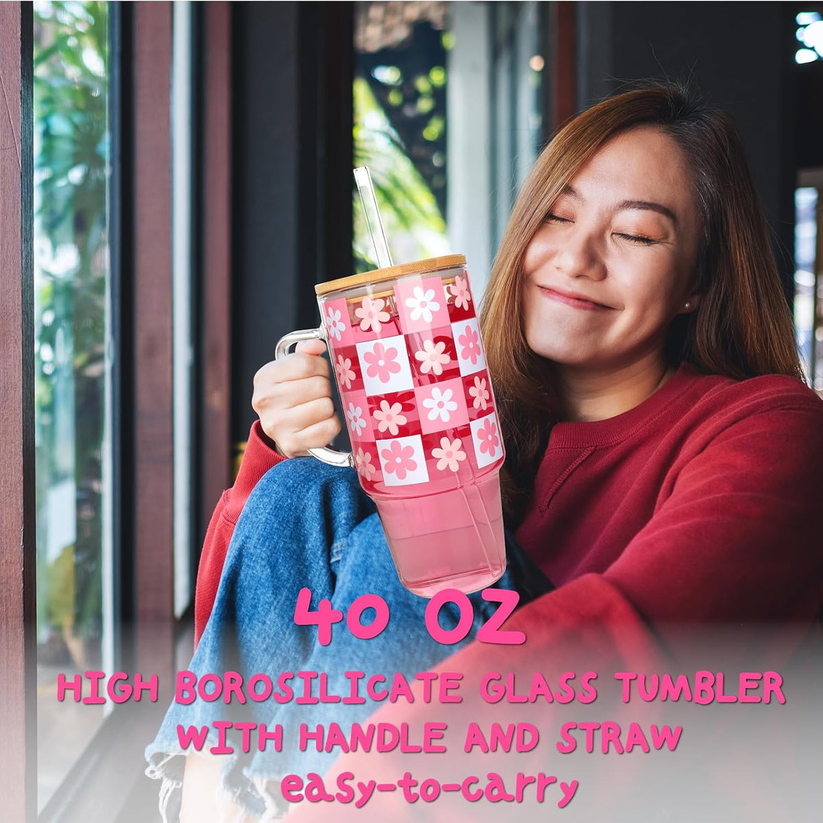 40oz Glass Tumbler with Flip Straw Lid, Handle, Silicone Sleeve, Black | Leakproof Lid, Fits Car Cup Holder Glass for Iced Coffee, Water, Cold Drinks, Travel, Outdoor, Partys&Home