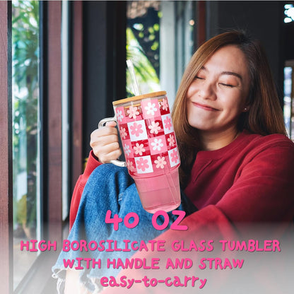 40oz Glass Tumbler with Flip Straw Lid, Handle, Silicone Sleeve, Black | Leakproof Lid, Fits Car Cup Holder Glass for Iced Coffee, Water, Cold Drinks, Travel, Outdoor, Partys&Home