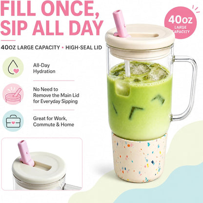 40oz Glass Tumbler with Flip Straw Lid, Handle, Silicone Sleeve, Black | Leakproof Lid, Fits Car Cup Holder Glass for Iced Coffee, Water, Cold Drinks, Travel, Outdoor, Partys&Home