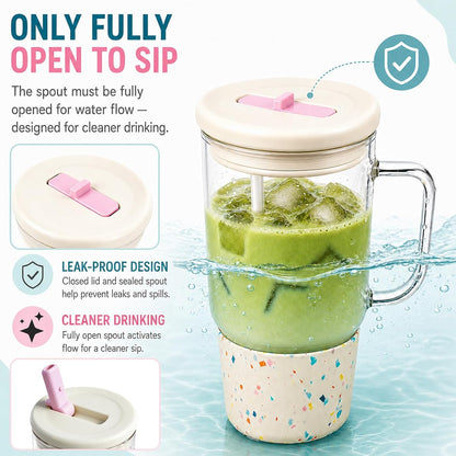 40oz Glass Tumbler with Flip Straw Lid, Handle, Silicone Sleeve, Black | Leakproof Lid, Fits Car Cup Holder Glass for Iced Coffee, Water, Cold Drinks, Travel, Outdoor, Partys&Home