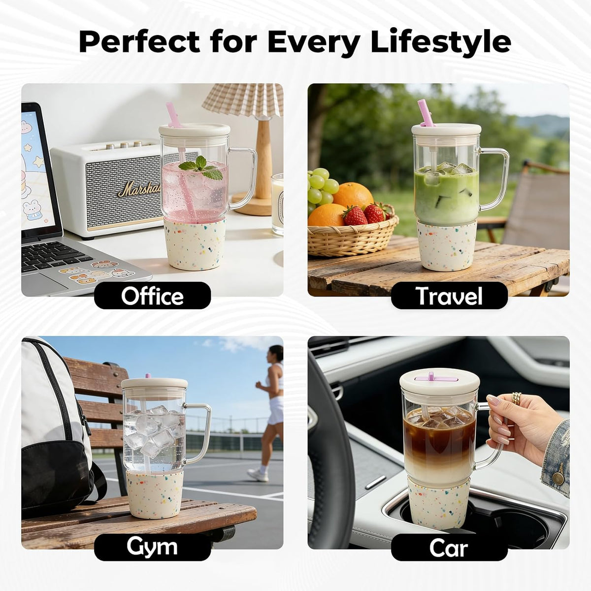 40oz Glass Tumbler with Flip Straw Lid, Handle, Silicone Sleeve, Black | Leakproof Lid, Fits Car Cup Holder Glass for Iced Coffee, Water, Cold Drinks, Travel, Outdoor, Partys&Home