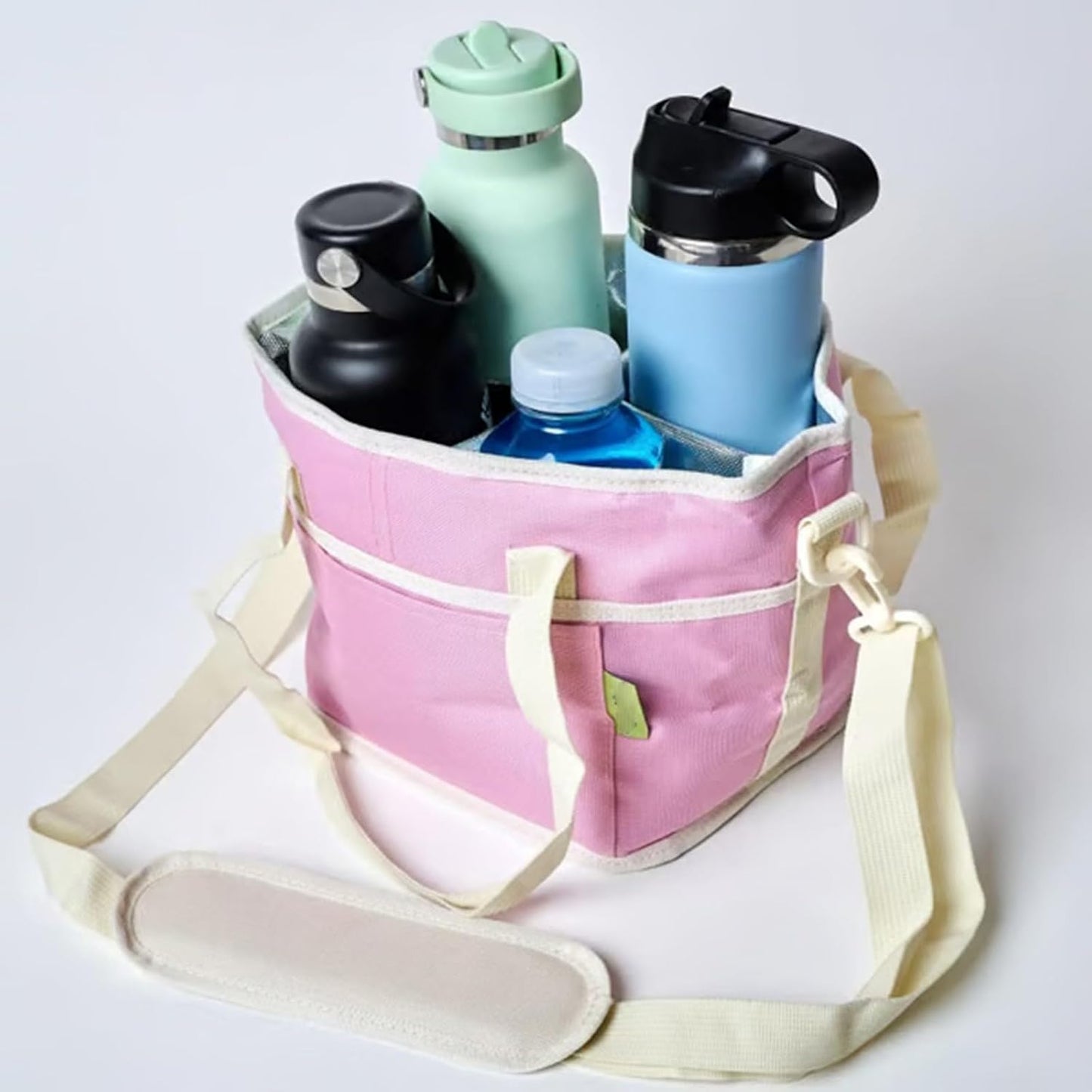 Family Size 4 Compartment Drink Carrier Bag, Cup Carrier Caddy for Hot & Cold Drinks, Portable Cup Holder for Car Travel, Beach, Picnic, Camping & Commute (Pink)
