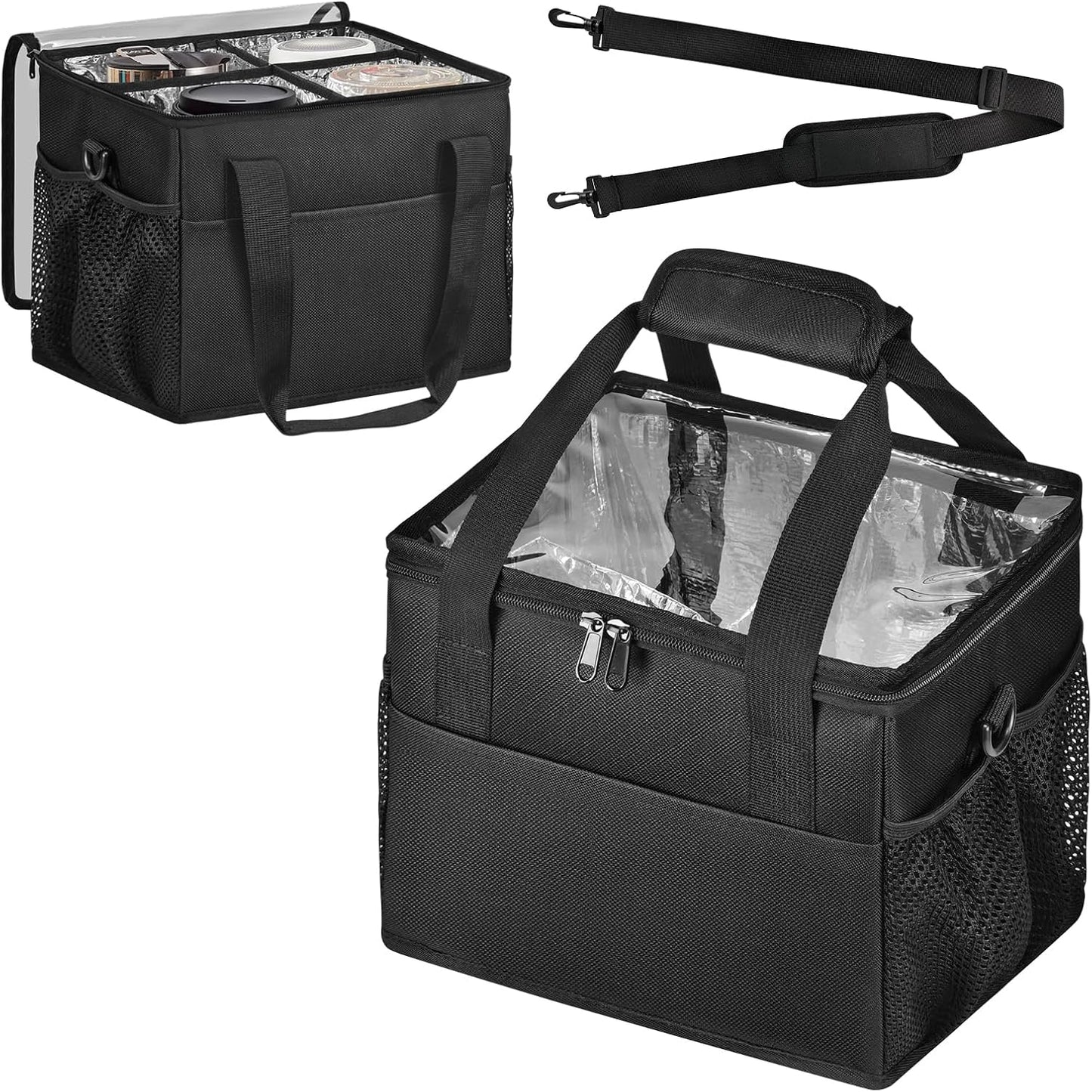 Reusable 4-Cup Drink Carrier-Leakproof Tote with Adjustable Dividers | Adjustable dividers keep cups secure. Shoulder strap, folds flat. Ideal for hot/cold drinks, delivery, travel.