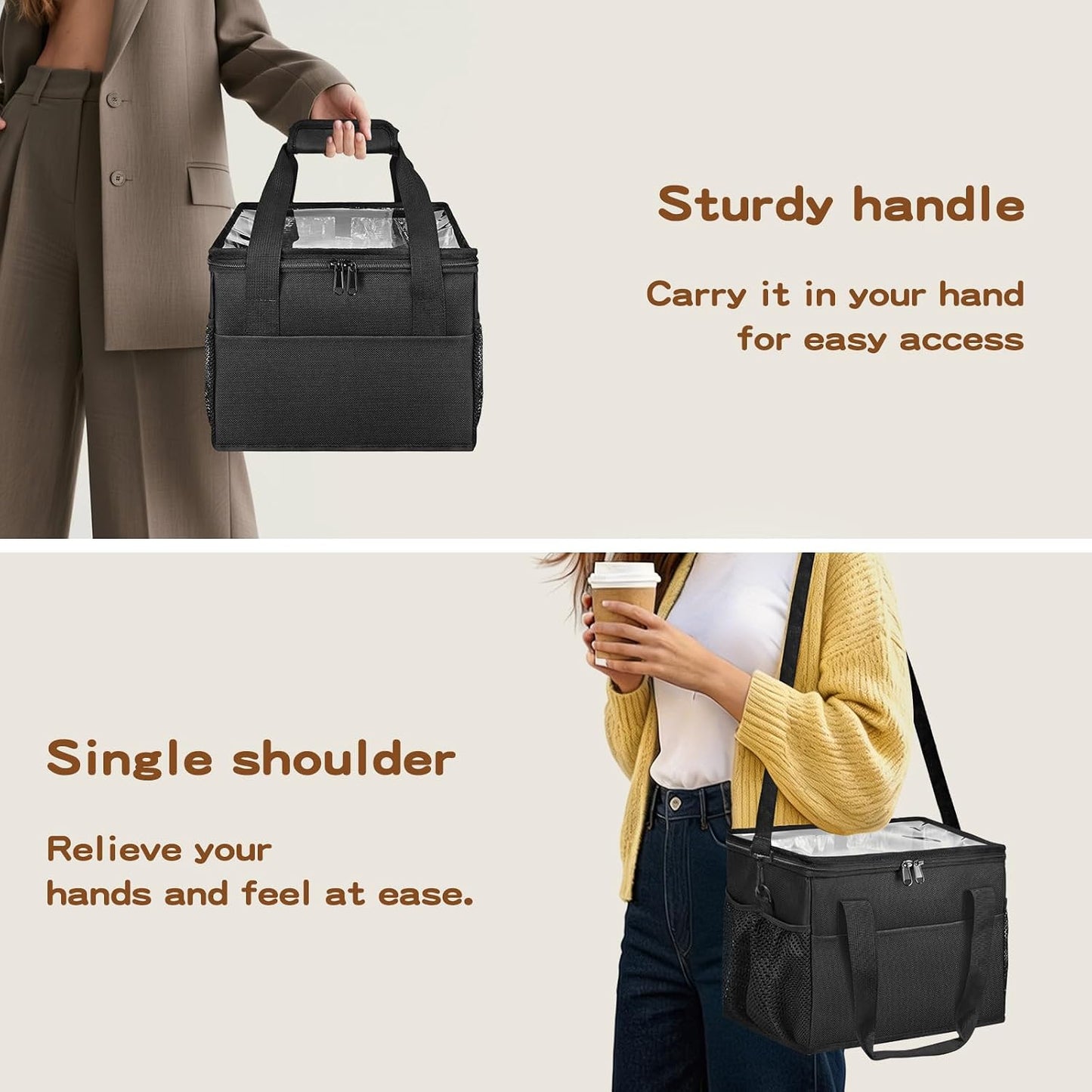 Reusable 4-Cup Drink Carrier-Leakproof Tote with Adjustable Dividers | Adjustable dividers keep cups secure. Shoulder strap, folds flat. Ideal for hot/cold drinks, delivery, travel.