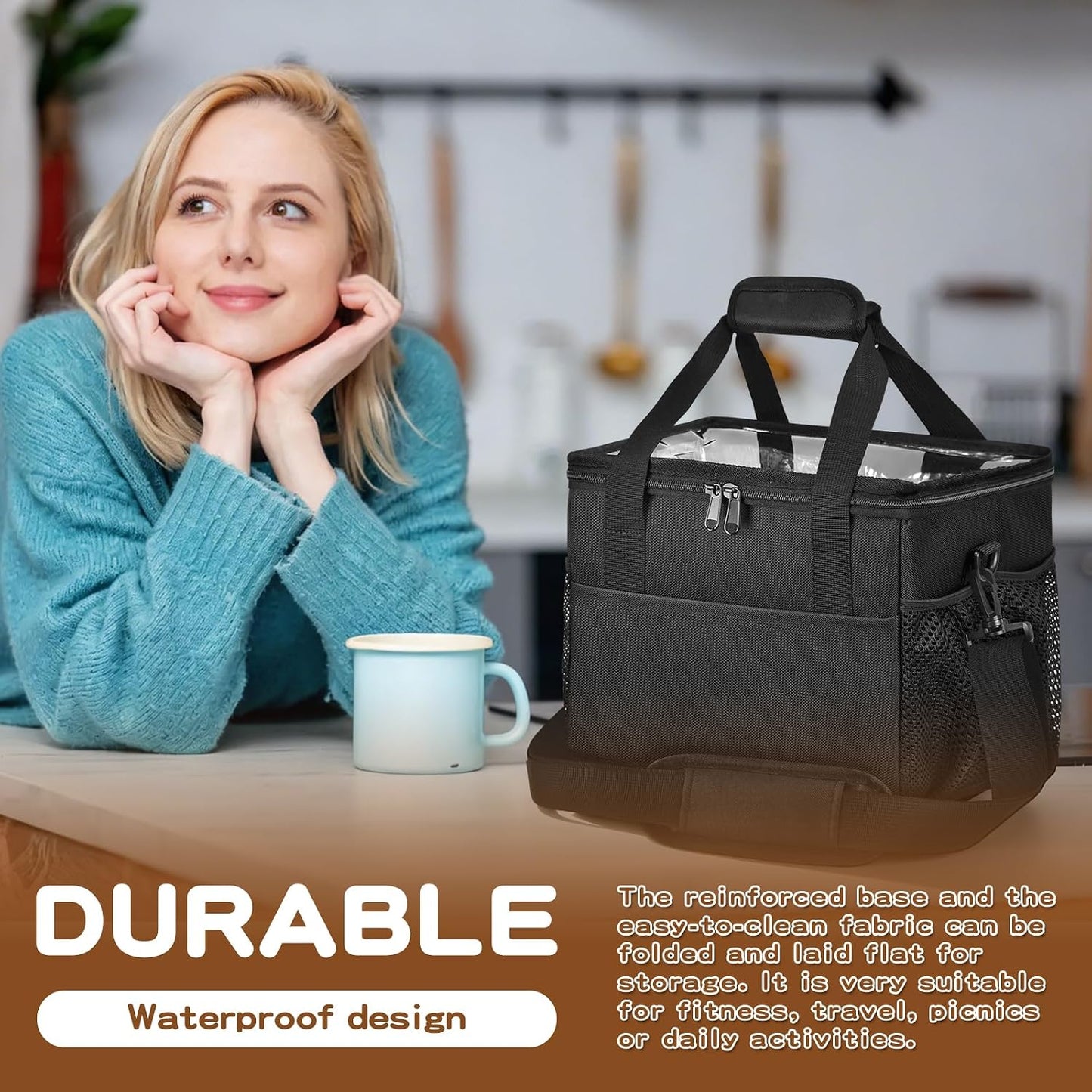 Reusable 4-Cup Drink Carrier-Leakproof Tote with Adjustable Dividers | Adjustable dividers keep cups secure. Shoulder strap, folds flat. Ideal for hot/cold drinks, delivery, travel.