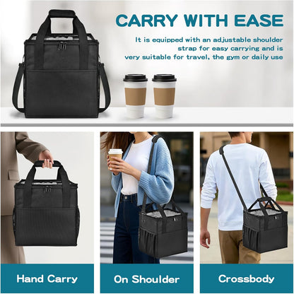 Reusable 4-Cup Drink Carrier-Leakproof Tote with Adjustable Dividers | Adjustable dividers keep cups secure. Shoulder strap, folds flat. Ideal for hot/cold drinks, delivery, travel.