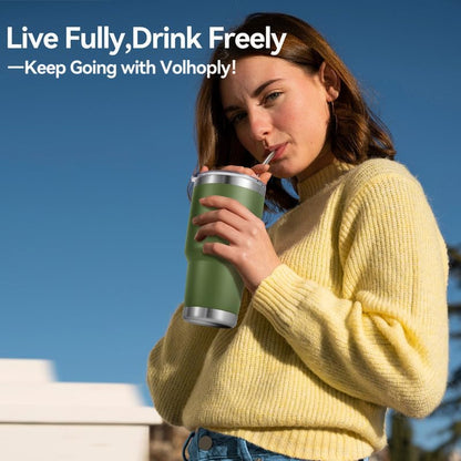 Volhoply 30oz Insulated Tumbler with Lid and Straw, Double Wall Inner & Outer 304 Stainless Steel Coffee Cup, Travel Mug Reusable Thermal Cup for Cold & Hot Drinks (Army Green)