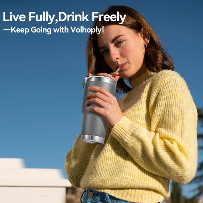 Volhoply 30oz Insulated Tumbler with Lid and Straw, Double Wall Inner & Outer 304 Stainless Steel Coffee Cup, Travel Mug Reusable Thermal Cup for Cold & Hot Drinks (Army Green)