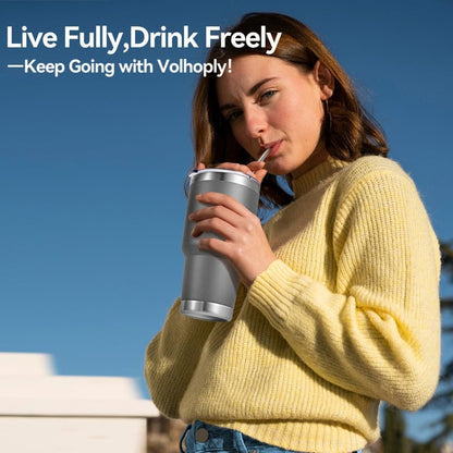 Volhoply 30oz Insulated Tumbler with Lid and Straw, Double Wall Inner & Outer 304 Stainless Steel Coffee Cup, Travel Mug Reusable Thermal Cup for Cold & Hot Drinks (Army Green)