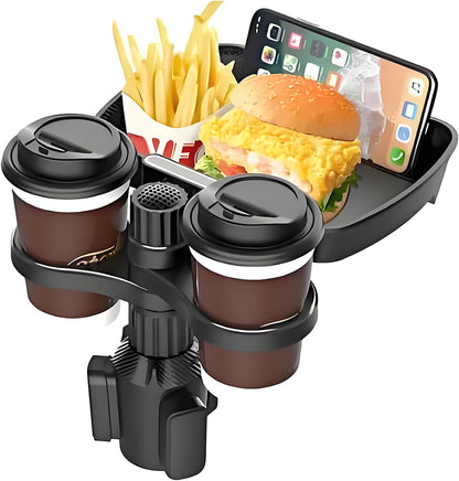 Car Cup Holder Expander, 4in1 Universal Cup Holder Tray Compatible with 2.3" to 3.6", Multi Cup Holders Table with Large Food Tray Swivel and Detachable for Travel Auto Trucker Road Trip Essentials