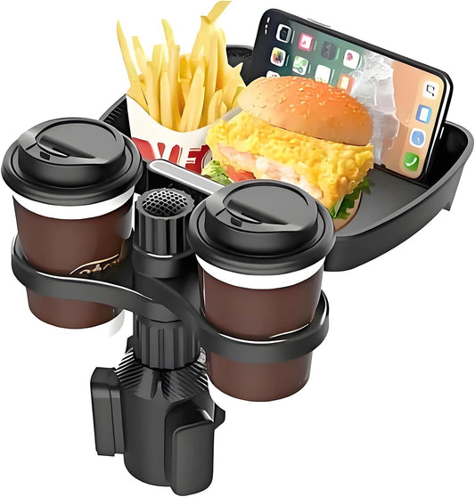 Car Cup Holder Expander, 4in1 Universal Cup Holder Tray Compatible with 2.3" to 3.6", Multi Cup Holders Table with Large Food Tray Swivel and Detachable for Travel Auto Trucker Road Trip Essentials