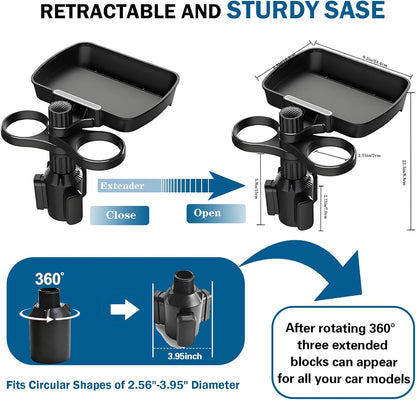 Car Cup Holder Expander, 4in1 Universal Cup Holder Tray Compatible with 2.3" to 3.6", Multi Cup Holders Table with Large Food Tray Swivel and Detachable for Travel Auto Trucker Road Trip Essentials
