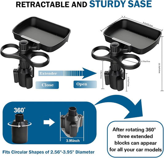 Car Cup Holder Expander, 4in1 Universal Cup Holder Tray Compatible with 2.3" to 3.6", Multi Cup Holders Table with Large Food Tray Swivel and Detachable for Travel Auto Trucker Road Trip Essentials