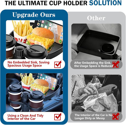 Car Cup Holder Expander, 4in1 Universal Cup Holder Tray Compatible with 2.3" to 3.6", Multi Cup Holders Table with Large Food Tray Swivel and Detachable for Travel Auto Trucker Road Trip Essentials