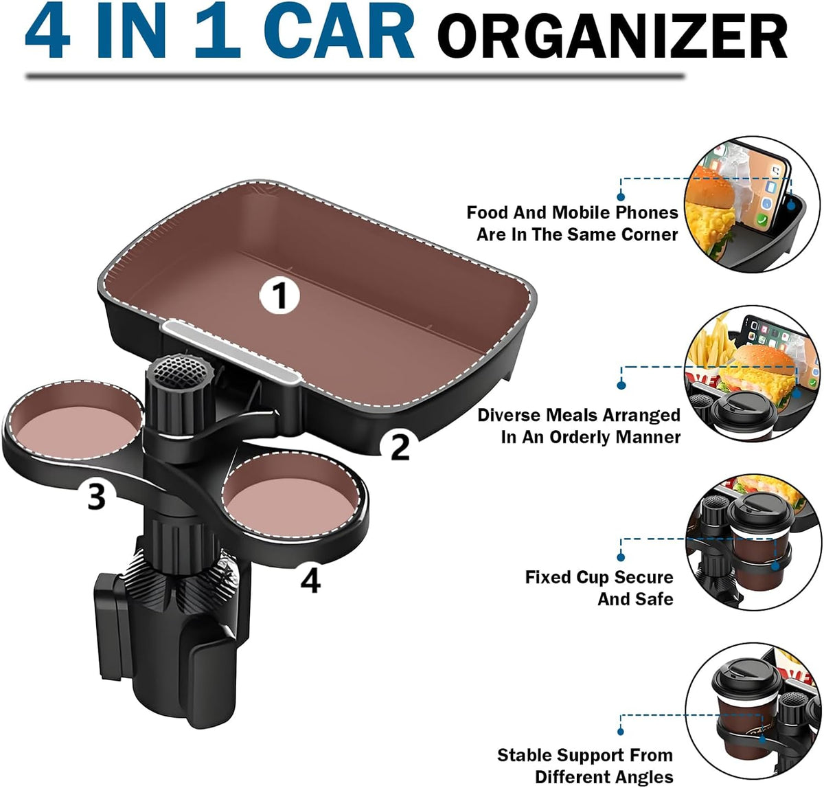 Car Cup Holder Expander, 4in1 Universal Cup Holder Tray Compatible with 2.3" to 3.6", Multi Cup Holders Table with Large Food Tray Swivel and Detachable for Travel Auto Trucker Road Trip Essentials