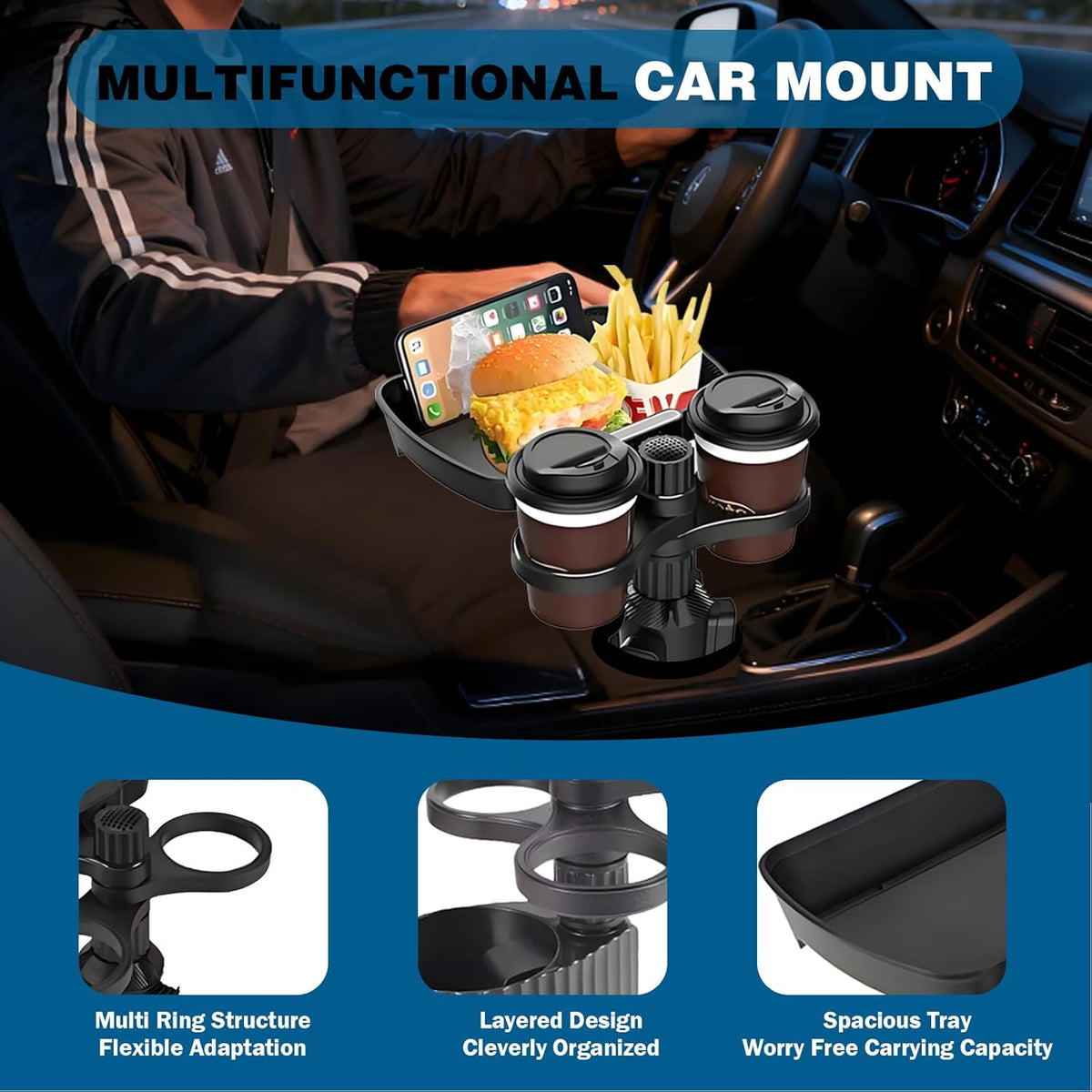 Car Cup Holder Expander, 4in1 Universal Cup Holder Tray Compatible with 2.3" to 3.6", Multi Cup Holders Table with Large Food Tray Swivel and Detachable for Travel Auto Trucker Road Trip Essentials