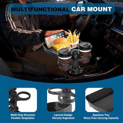 Car Cup Holder Expander, 4in1 Universal Cup Holder Tray Compatible with 2.3" to 3.6", Multi Cup Holders Table with Large Food Tray Swivel and Detachable for Travel Auto Trucker Road Trip Essentials