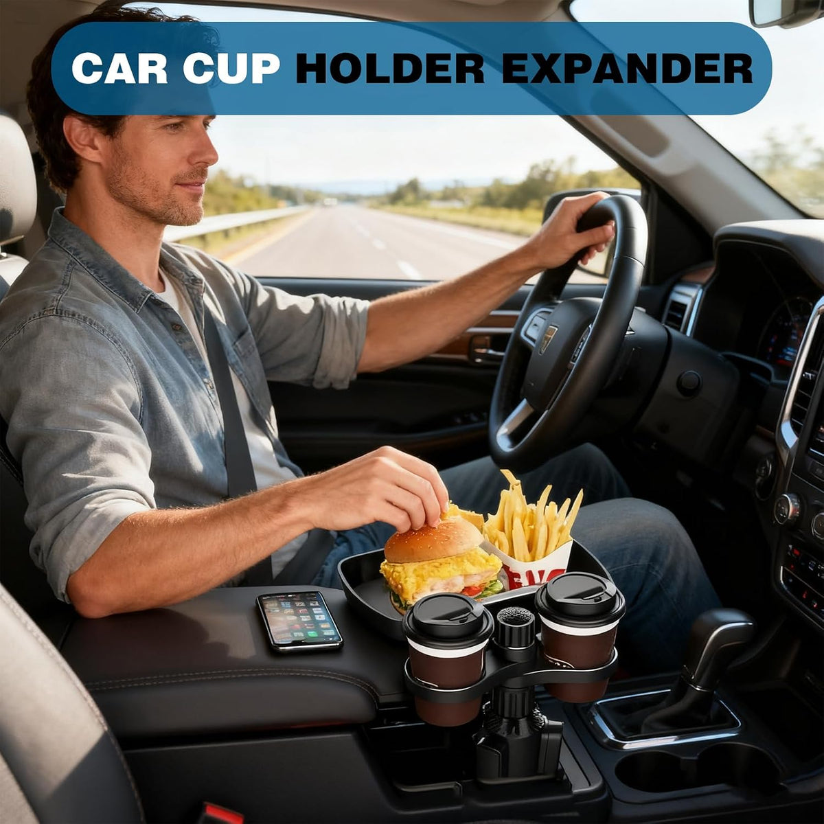 Car Cup Holder Expander, 4in1 Universal Cup Holder Tray Compatible with 2.3" to 3.6", Multi Cup Holders Table with Large Food Tray Swivel and Detachable for Travel Auto Trucker Road Trip Essentials