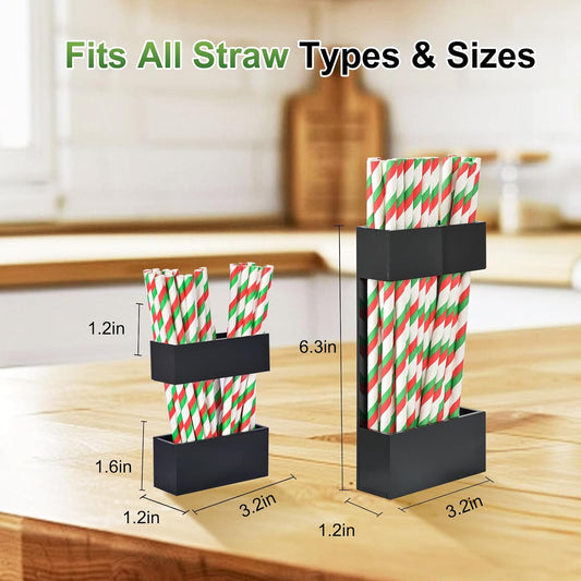 2 PACK Acrylic Straw Holder for Cabinet Doors, Reusable Straw Organizer with Ultra-Sticky Adhesive, Small Kitchen Accessories Container, Fits Both Short & Long Straws(Black)