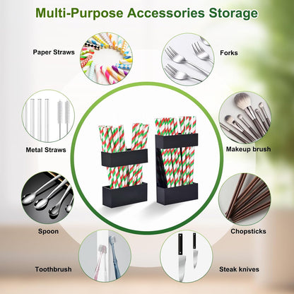 2 PACK Acrylic Straw Holder for Cabinet Doors, Reusable Straw Organizer with Ultra-Sticky Adhesive, Small Kitchen Accessories Container, Fits Both Short & Long Straws(Black)