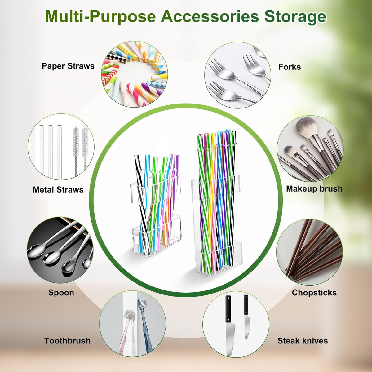 2 PACK Acrylic Straw Holder for Cabinet Doors, Reusable Straw Organizer with Ultra-Sticky Adhesive, Small Kitchen Accessories Container, Fits Both Short & Long Straws(Black)