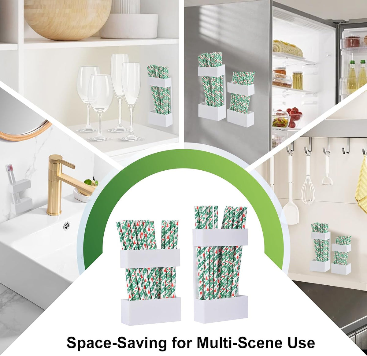 2 PACK Acrylic Straw Holder for Cabinet Doors, Reusable Straw Organizer with Ultra-Sticky Adhesive, Small Kitchen Accessories Container, Fits Both Short & Long Straws(Black)