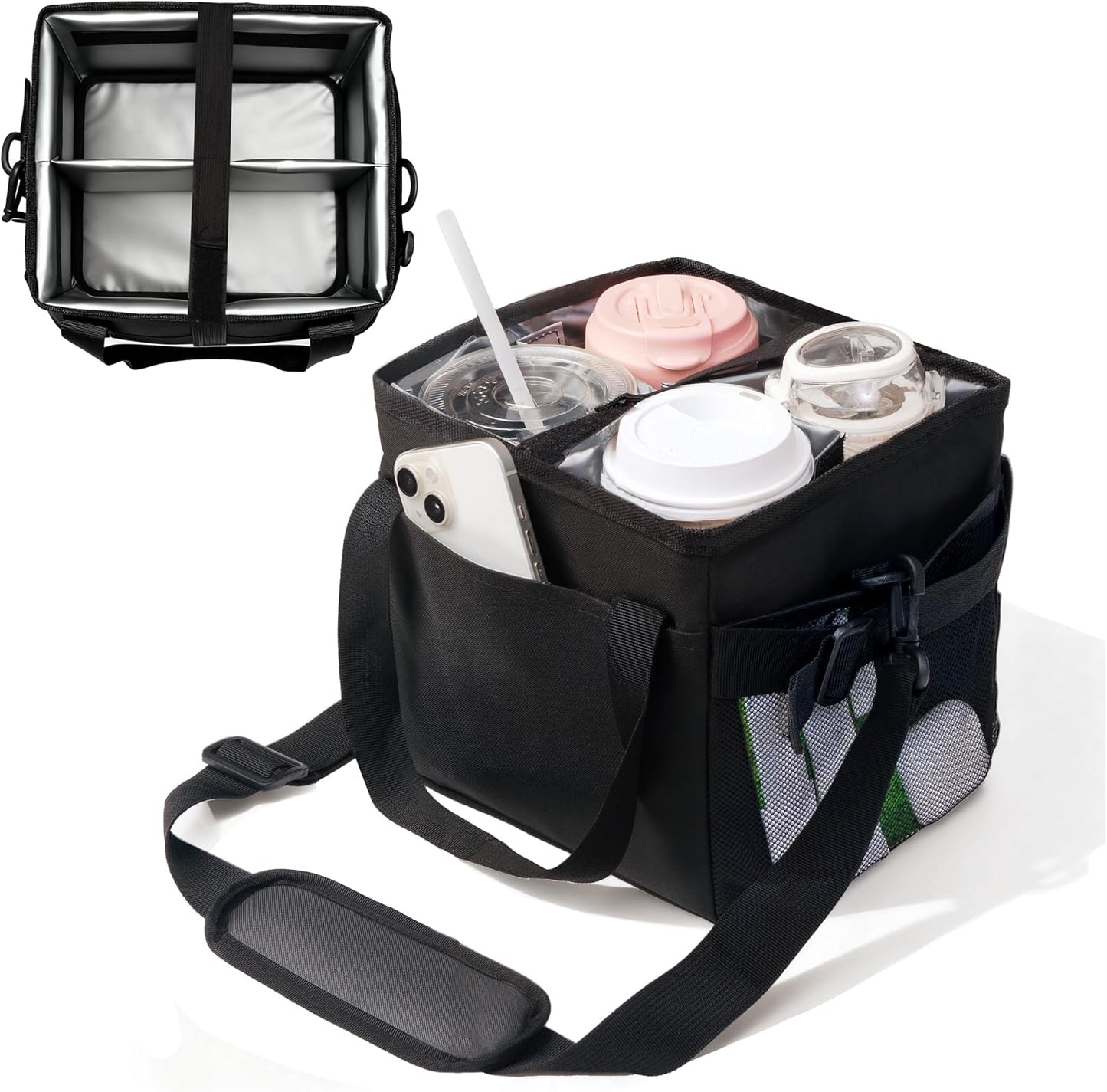 Reusable Drink Carrier With Handle,4 Cup Water Bottle Holder With Strap & Adjustable Dividers,Upgraded Portable Foldable Water Bottle Bag With Dual Elastic Straps, Leak-Proof,Coffee Cup Holder