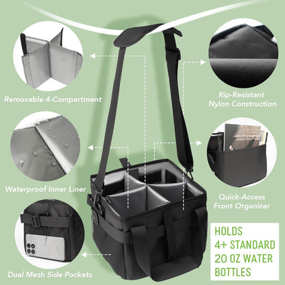 Reusable Drink Carrier With Handle,4 Cup Water Bottle Holder With Strap & Adjustable Dividers,Upgraded Portable Foldable Water Bottle Bag With Dual Elastic Straps, Leak-Proof,Coffee Cup Holder
