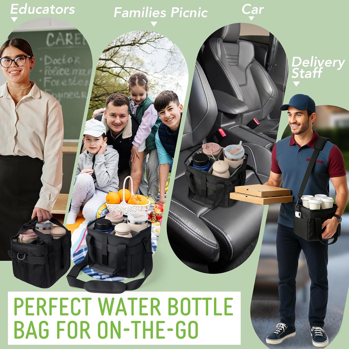 Reusable Drink Carrier With Handle,4 Cup Water Bottle Holder With Strap & Adjustable Dividers,Upgraded Portable Foldable Water Bottle Bag With Dual Elastic Straps, Leak-Proof,Coffee Cup Holder