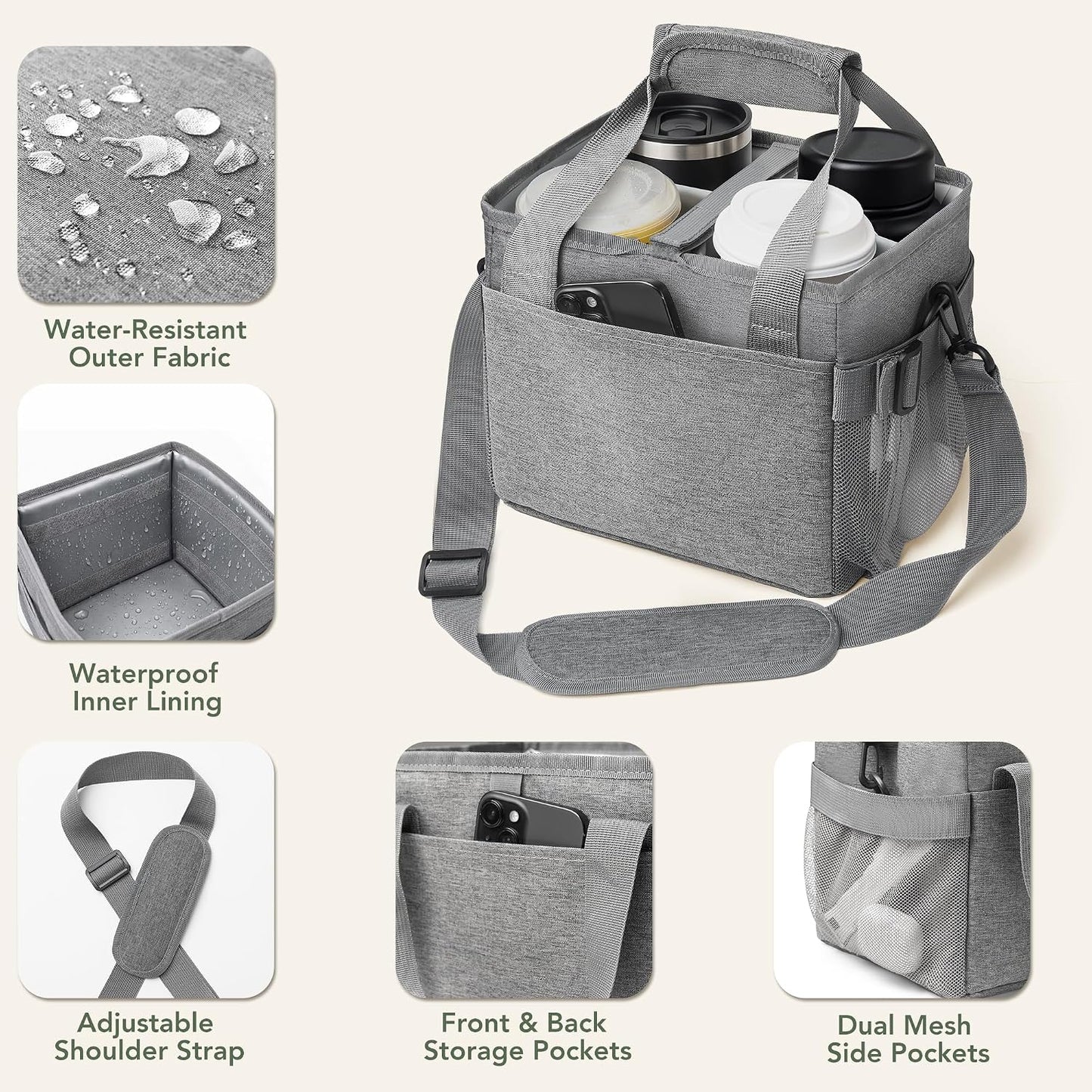 Reusable Drink Carrier With Handle,4 Cup Water Bottle Holder With Strap & Adjustable Dividers,Upgraded Portable Foldable Water Bottle Bag With Dual Elastic Straps, Leak-Proof,Coffee Cup Holder