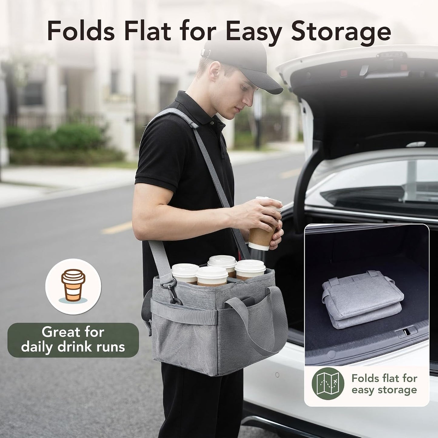Reusable Drink Carrier With Handle,4 Cup Water Bottle Holder With Strap & Adjustable Dividers,Upgraded Portable Foldable Water Bottle Bag With Dual Elastic Straps, Leak-Proof,Coffee Cup Holder