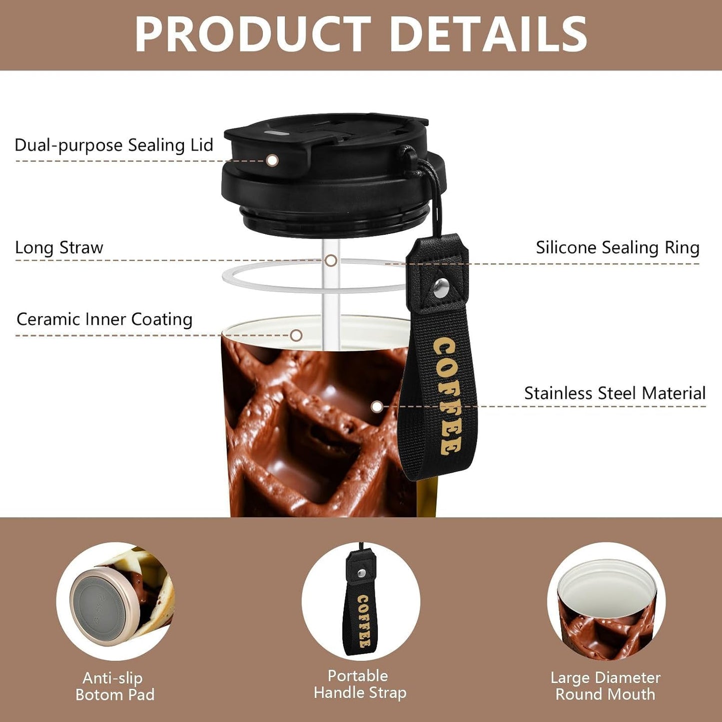 Delicious Insulated Travel Coffee Mug 17oz,Reusable Stainless Steel Coffee Tumbler Cup with Flip Lid Leak Proof Spill Proof for Office School Party Camping Hot and Cold Drink