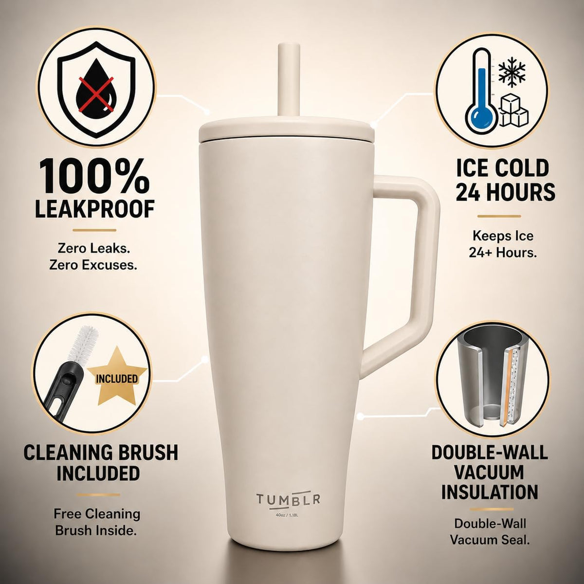 40 oz Tumbler With Straw and Handle, Leak Proof, Black, Cute Cup 40 oz | Leakproof Tumbler Spill Proof Water Bottle, Cup That Keeps Ice For 24 Hours | Tumbler With Handle (Black Water Cup)