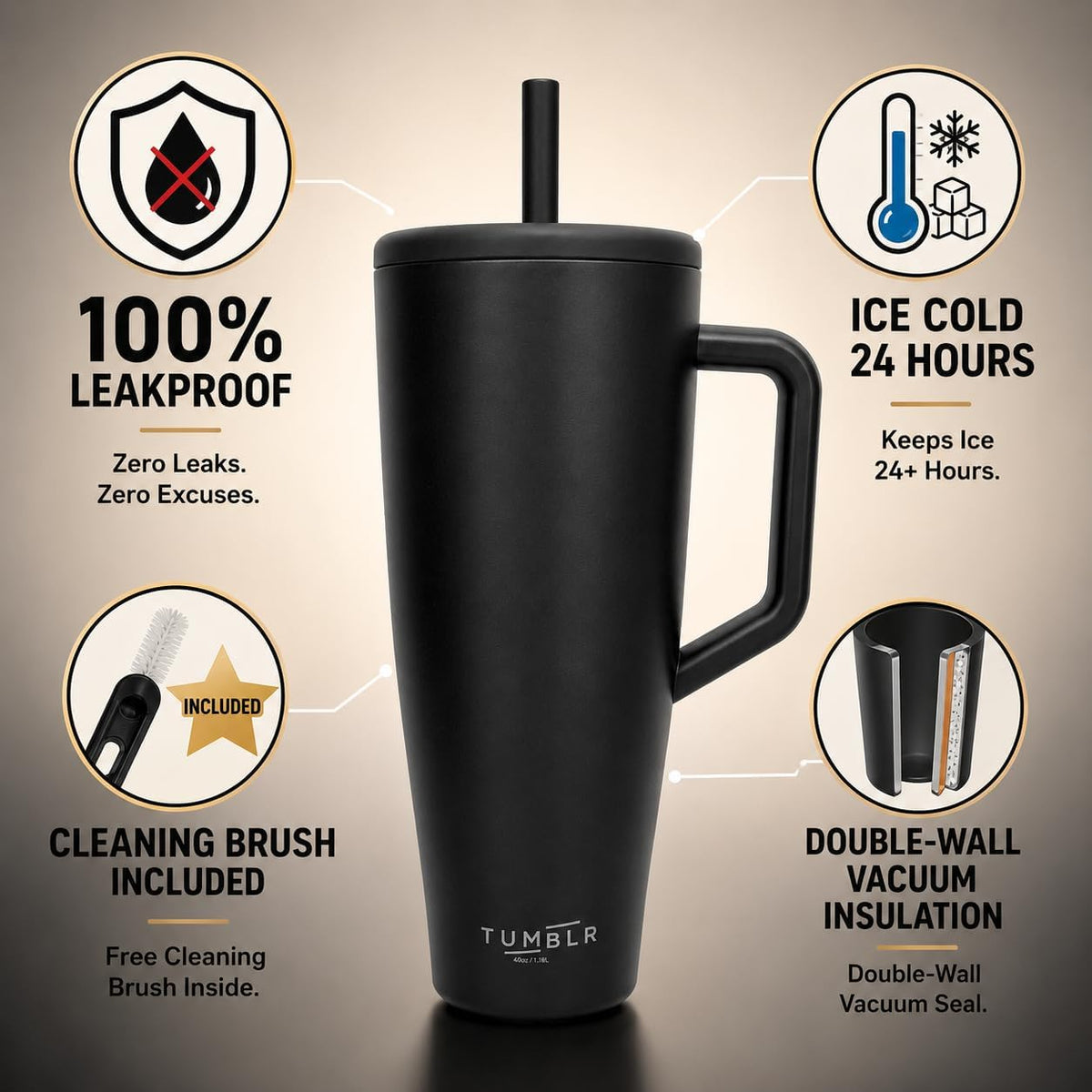40 oz Tumbler With Straw and Handle, Leak Proof, Black, Cute Cup 40 oz | Leakproof Tumbler Spill Proof Water Bottle, Cup That Keeps Ice For 24 Hours | Tumbler With Handle (Black Water Cup)