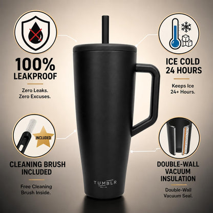 40 oz Tumbler With Straw and Handle, Leak Proof, Black, Cute Cup 40 oz | Leakproof Tumbler Spill Proof Water Bottle, Cup That Keeps Ice For 24 Hours | Tumbler With Handle (Black Water Cup)