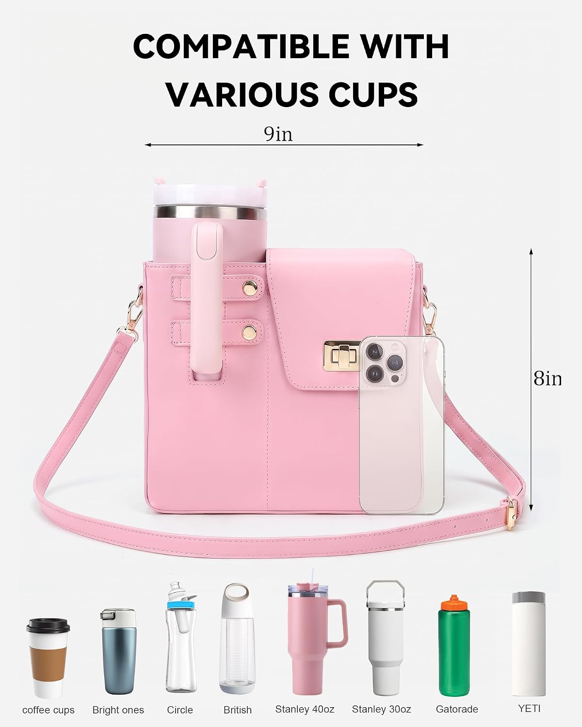 Stanley Cup Purse Crossbody Bag for 40oz Tumbler with Handle, Water Bottle Purse Pocket Adjustable Strap