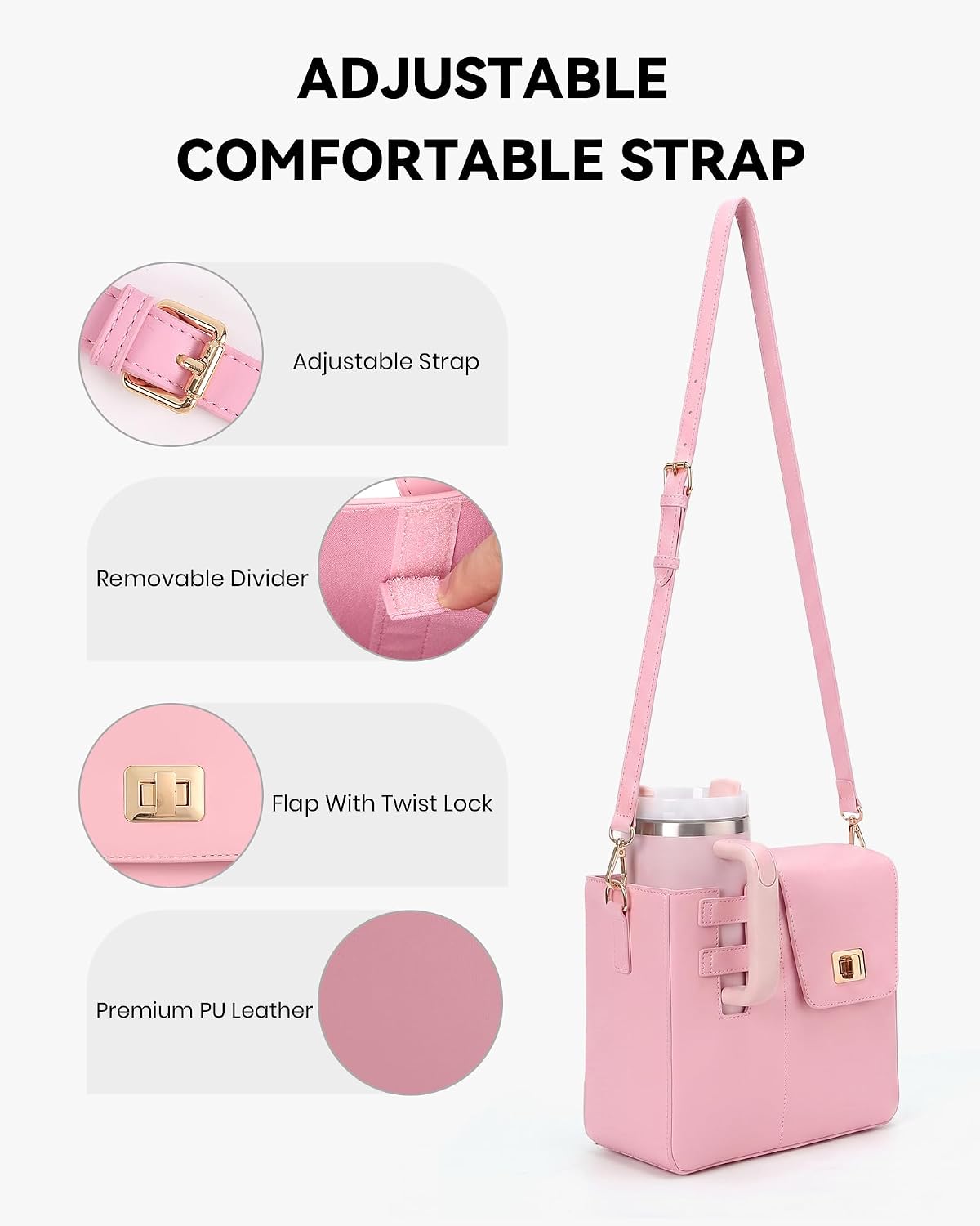 Stanley Cup Purse Crossbody Bag for 40oz Tumbler with Handle, Water Bottle Purse Pocket Adjustable Strap