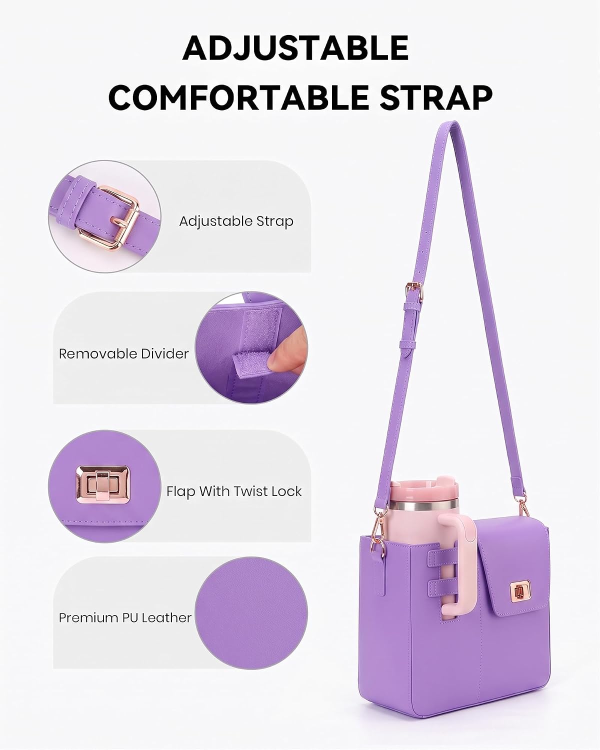 Stanley Cup Purse Crossbody Bag for 40oz Tumbler with Handle, Water Bottle Purse Pocket Adjustable Strap