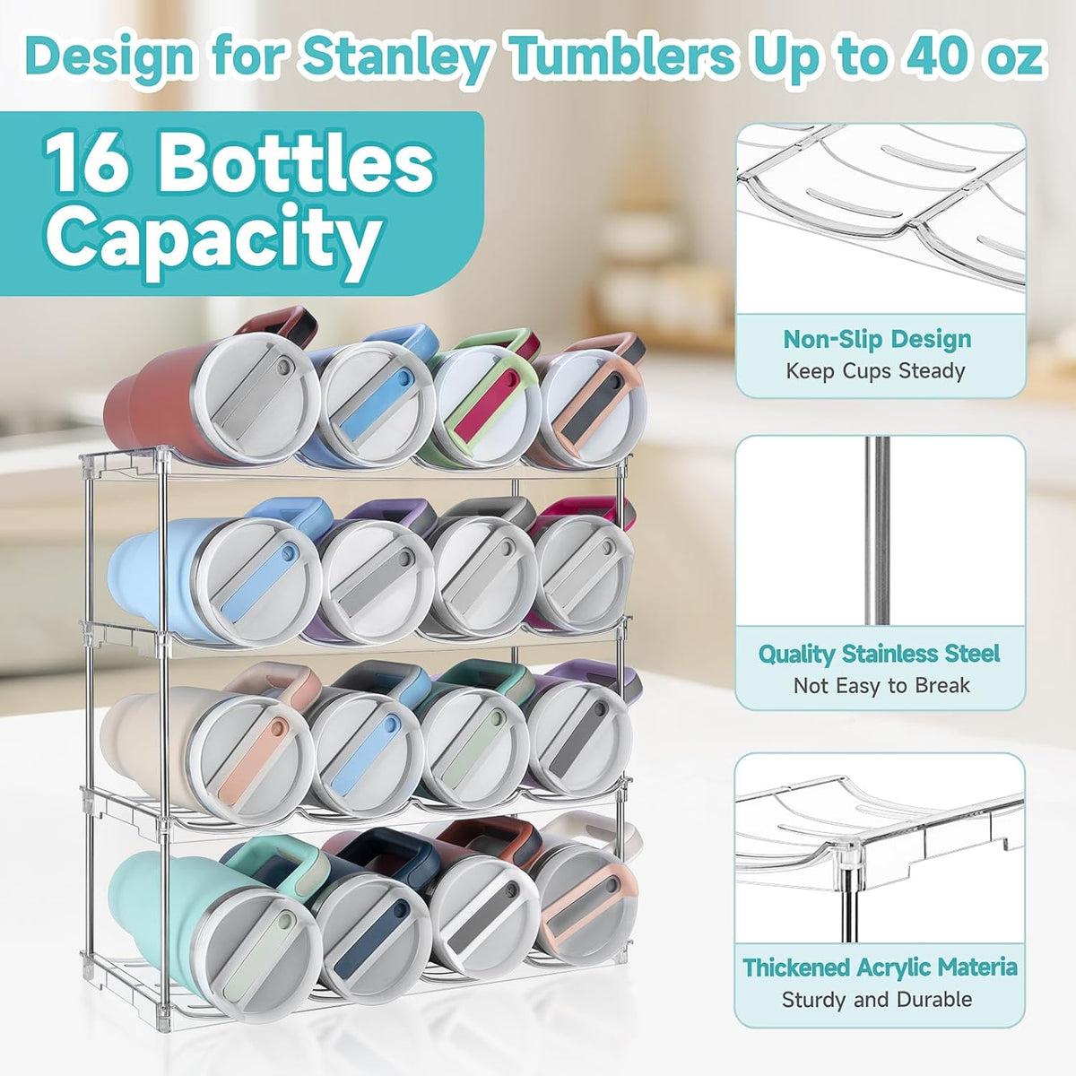 Stackable Water Bottle Organizer Large Compartment Water Bottle Holder