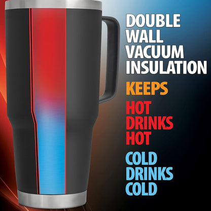 Double Vacuum Wall Stainless Steel Tumbler with Lid, 64 Ounce, With Handle, Black, Fits in a 4" Wide Car Beverage Holder