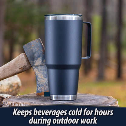 Double Vacuum Wall Stainless Steel Tumbler with Lid, 64 Ounce, With Handle, Black, Fits in a 4" Wide Car Beverage Holder