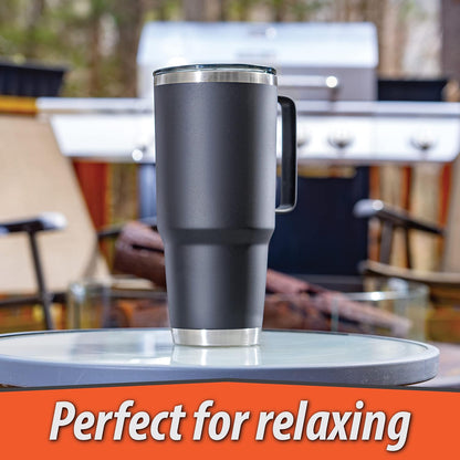 Double Vacuum Wall Stainless Steel Tumbler with Lid, 64 Ounce, With Handle, Black, Fits in a 4" Wide Car Beverage Holder