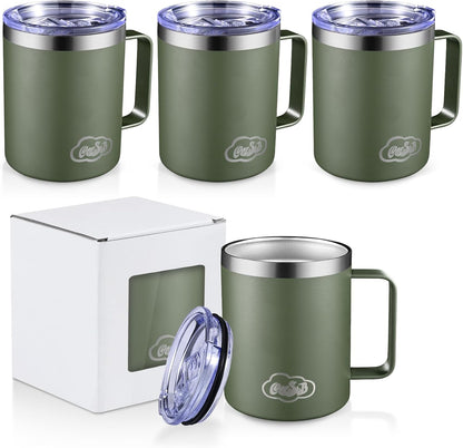 12oz Insulated Coffee Mug with Handle, Stainless Steel Wide Mouth Travel Tumblers with Lid, Double Wall Vacuum Coffee Cup for Camping, Office, Army Green 4 Pack