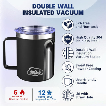 12oz Insulated Coffee Mug with Handle, Stainless Steel Wide Mouth Travel Tumblers with Lid, Double Wall Vacuum Coffee Cup for Camping, Office, Army Green 4 Pack