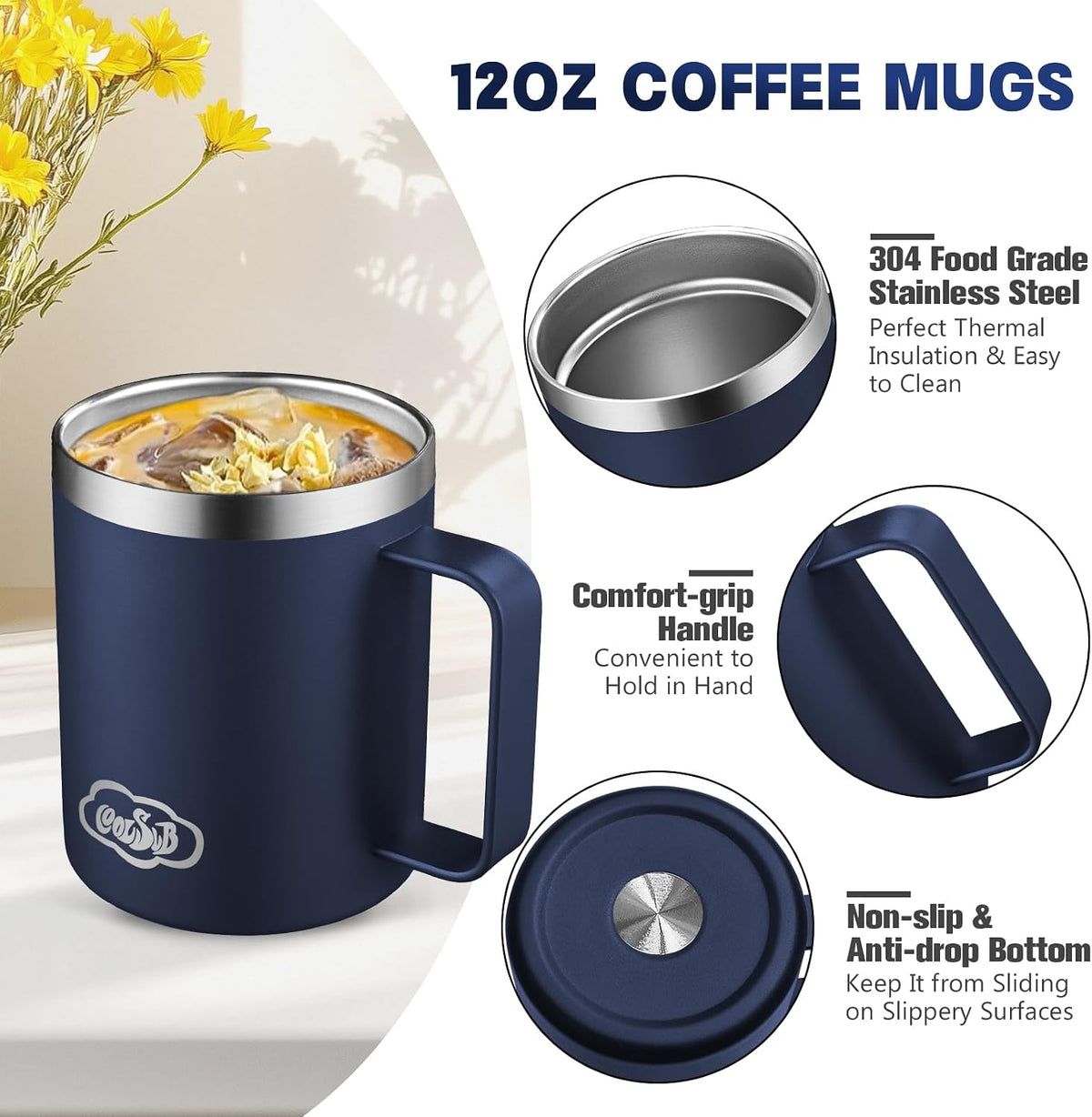 12oz Insulated Coffee Mug with Handle, Stainless Steel Wide Mouth Travel Tumblers with Lid, Double Wall Vacuum Coffee Cup for Camping, Office, Army Green 4 Pack